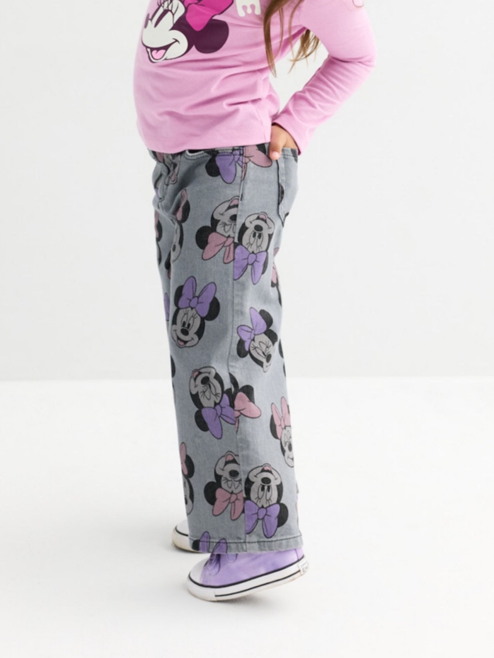 Disney Girls' Minnie Mouse Gray Jeans with Pink & Purple Bows